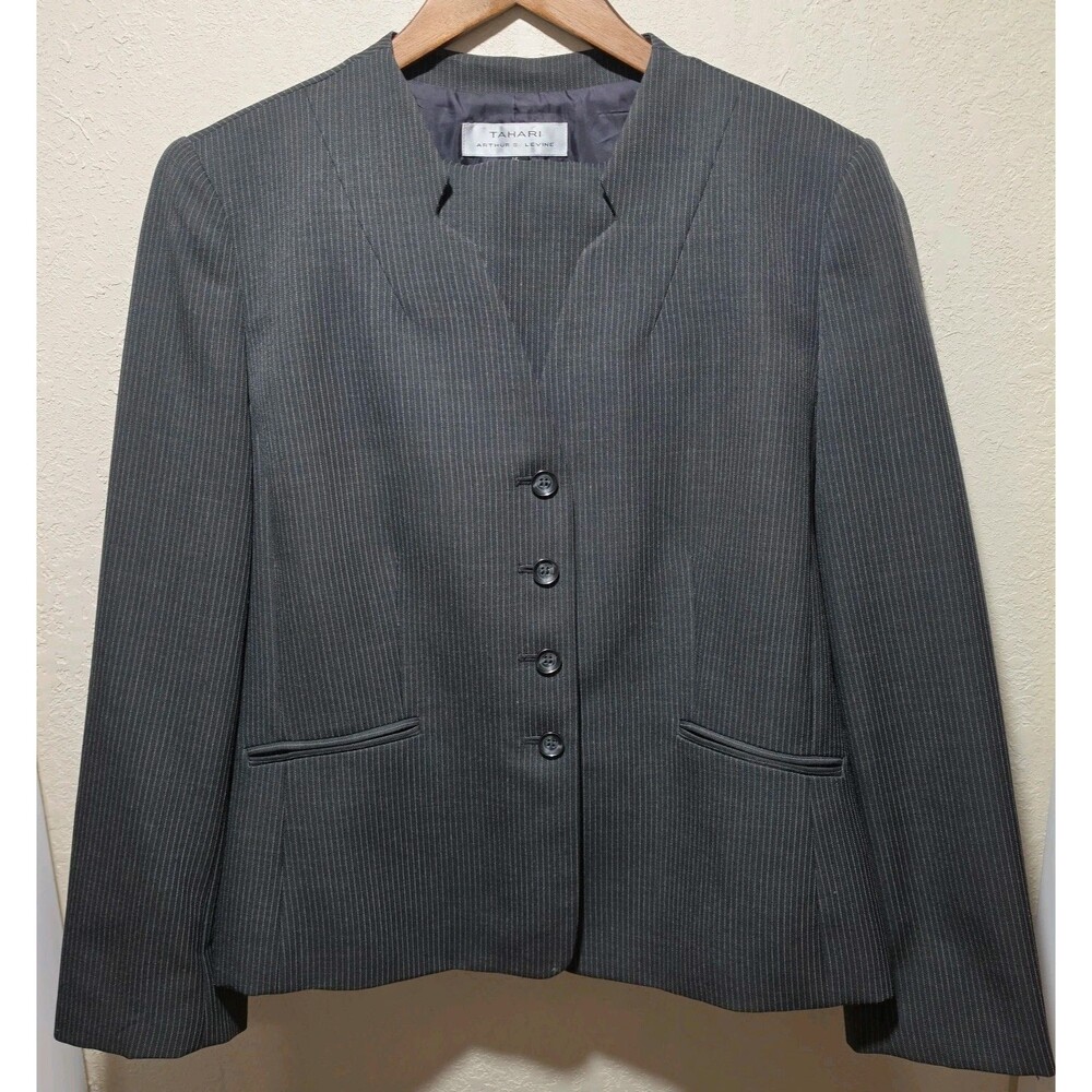 Tahari Arthur S. Levine Skirt Suit sz 16 Charcoal Gray Pinstripe Blazer